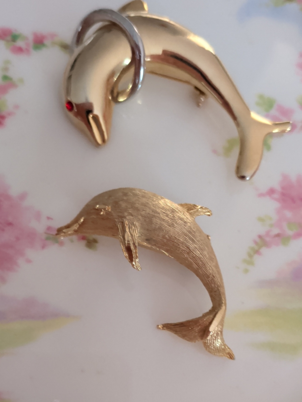 2 Vintage Gold Plated Dolphin Brooches Bundle